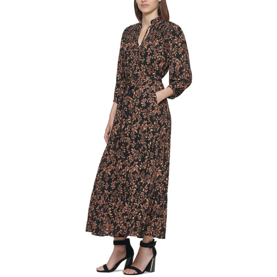 Women's Tie-Neck Smocked-Yoke Maxi Dress