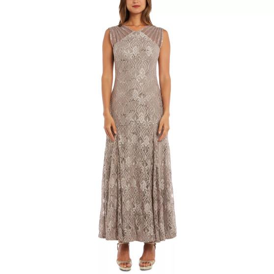 Women's Long Embellished Illusion-Detail Lace Gown