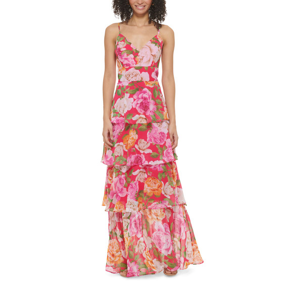 Women's Floral-Print V-Neck Tiered Gown