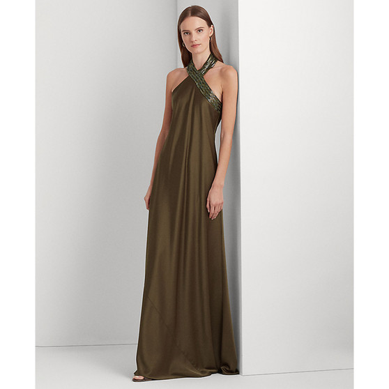 Women's Beaded Satin Charmeuse Halter Gown