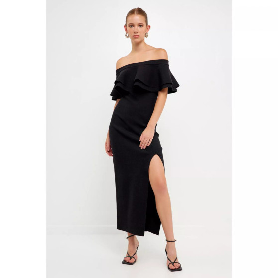 Women's Off the Shoulder Ruffle Maxi Dress with Leg Slit