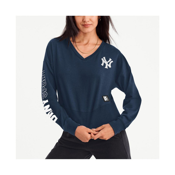 Women's Navy New York Yankees Lily V-Neck Pullover Sweatshirt