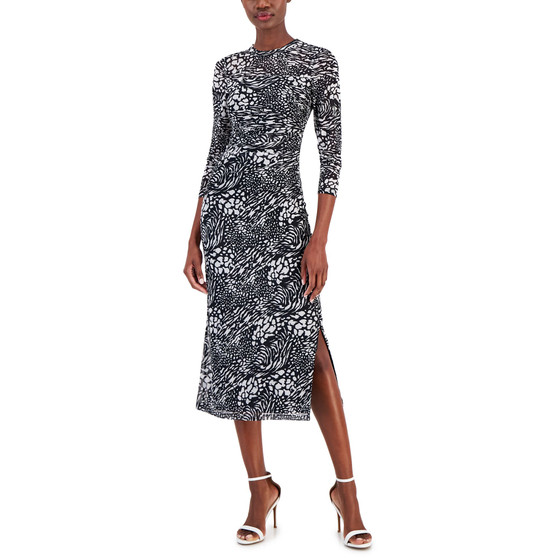 Women's Printed Mesh Ruched Midi Dress