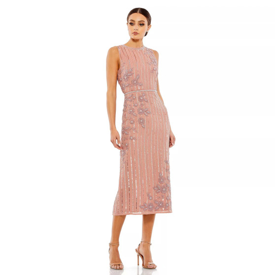 Women's Striped Floral Embellished Sleeveless Midi Dress