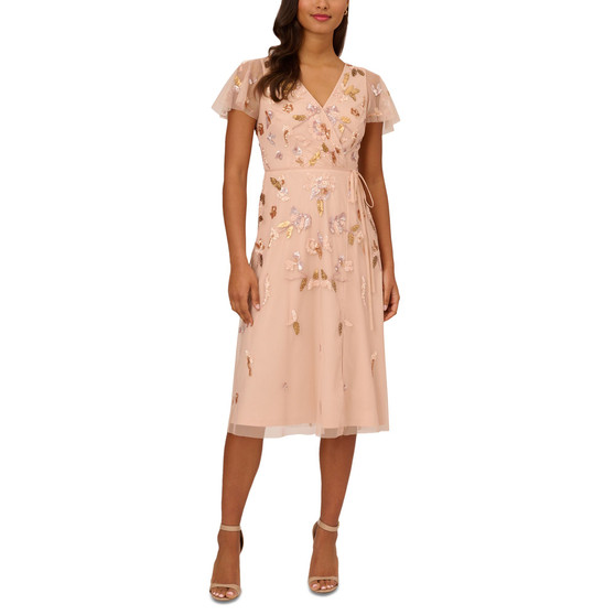 Women's V-Neck Short-Sleeve Beaded Midi Dress