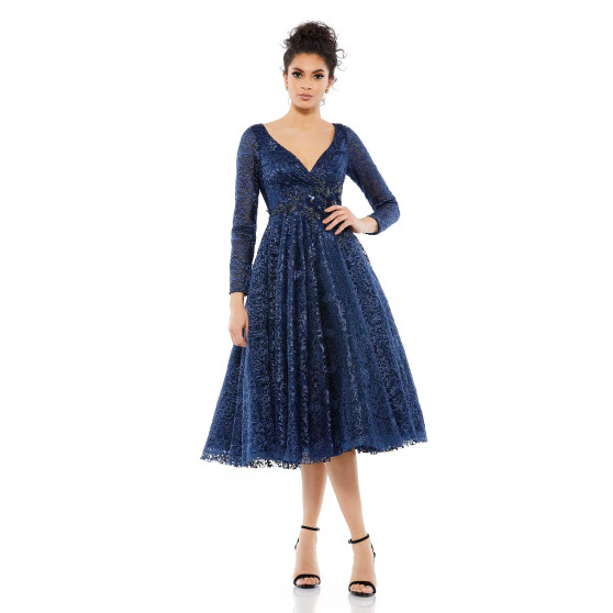 Women's Long Sleeve Embroidered Tea Length Dress