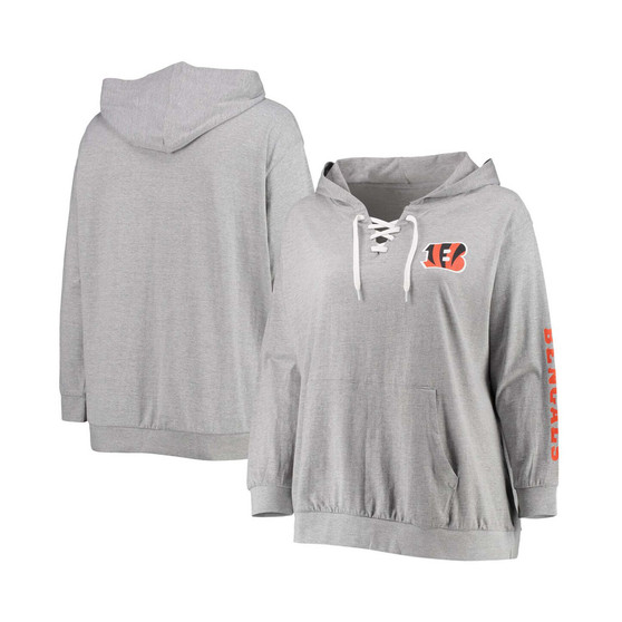 Women's Plus Size Heathered Gray Cincinnati Bengals Lace-Up Pullover Hoodie