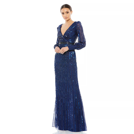 Women's Sequined Wrap Over Bishop Sleeve Gown