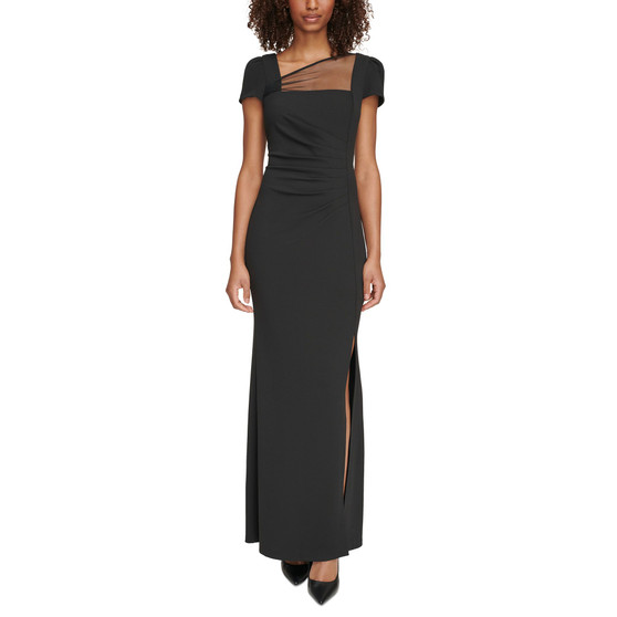 Women's Short-Sleeve Asymmetrical-Neck Mesh Gown