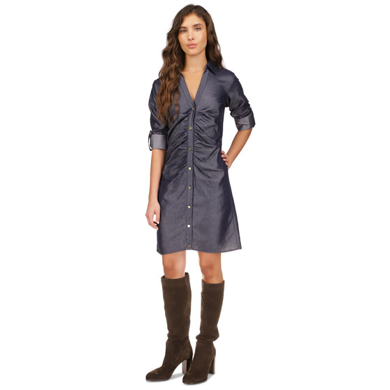 Women's Ruched-Front Roll-Tab-Sleeve Shirtdress