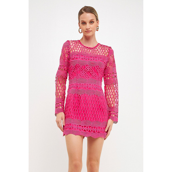 Women's Long Sleeve Crochet Mini Dress