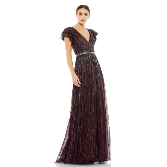 Women's Sequined Wrap Over Ruffled Cap Sleeve Gown