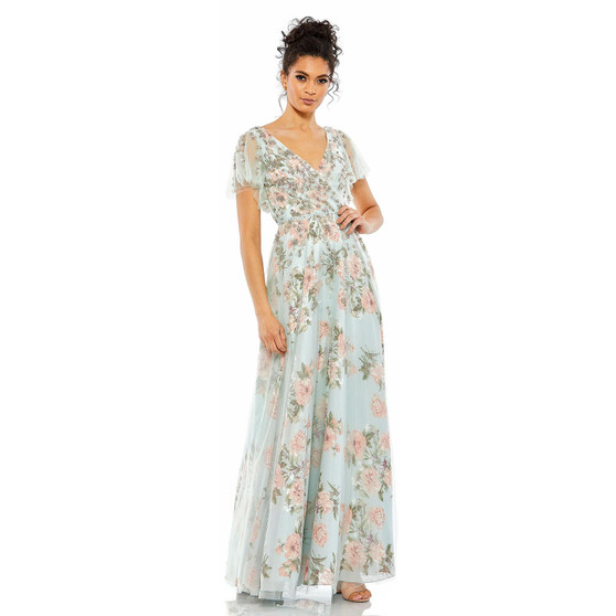 Women's Floral Flutter Sleeve V-Neck Maxi Dress