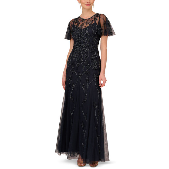 Women's Beaded Flutter Sleeve Gown