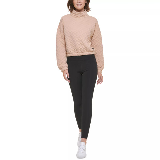 Women's Quilted Jacquard Mock-Neck Long-Sleeve Crop Top With Elastic Hem