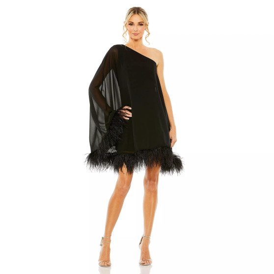 Women's One Shoulder Trapeze Dress with Feather Trim