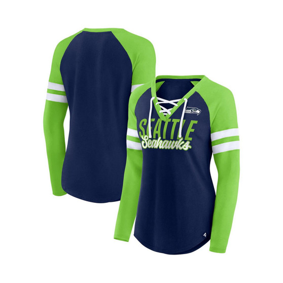 Women's Branded Navy, Neon Green Seattle Seahawks Plus Size True to Form Lace-Up V-Neck Raglan Long Sleeve T-shirt