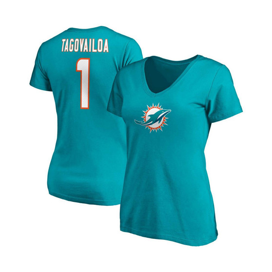 Women's Branded Tua Tagovailoa Aqua Miami Dolphins Player Icon Name and Number V-Neck T-shirt