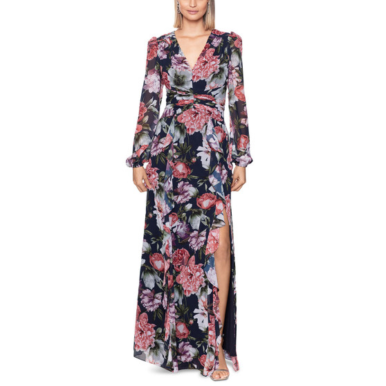 Women's Floral-Print Ruffled Long-Sleeve Gown