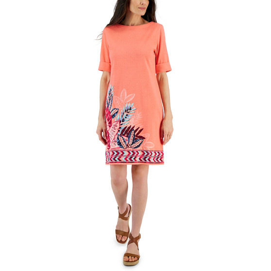 Women's Tropical-Print Elbow-Sleeve Boat-Neck Knit Dress, Created for Macy's