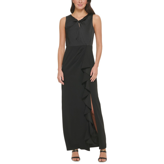 Women's Twist-Front Cascade Ruffle Column Gown