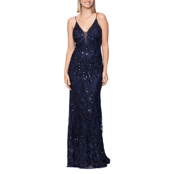 Women's Sequined Spaghetti-Strap Illusion-Neck Gown