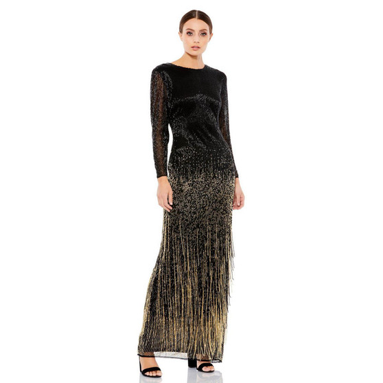 Women's Long Sleeve Beaded Fringe Column Gown