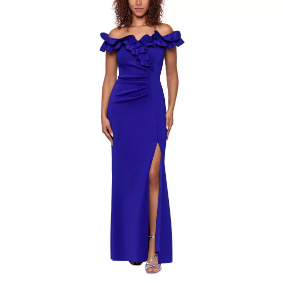 Ruffled Ruched Scuba Fit & Flare Gown