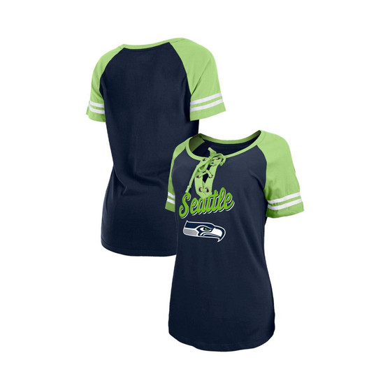 Women's College Navy, Neon Green Seattle Seahawks Logo Lace-Up Raglan T-shirt