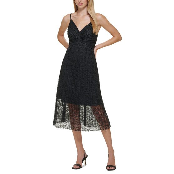 Women's Pleated Lace Midi Dress