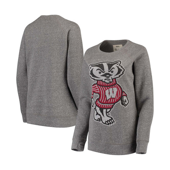 Women's Heathered Gray Wisconsin Badgers Big Team Logo Knobi Fleece Tri-Blend Crew Neck Sweatshirt