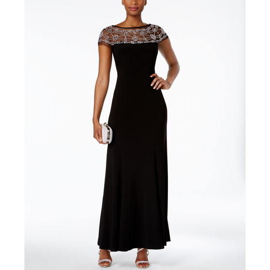 Women's Illusion Beaded-Trim A-Line Gown