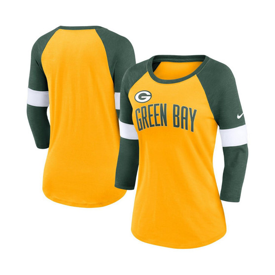 Women's Green Bay Packers Heather Gold, Heather Green Football Pride Raglan 3/4-Sleeve T-shirt