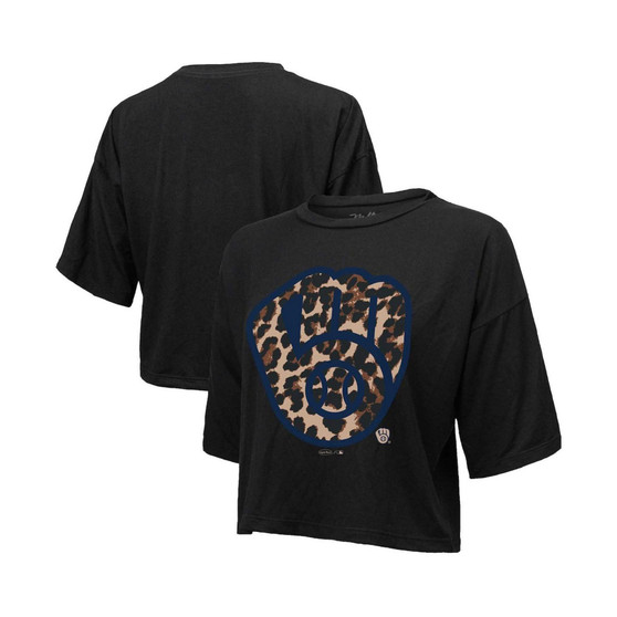 Women's Threads Black Milwaukee Brewers Leopard Cropped T-shirt