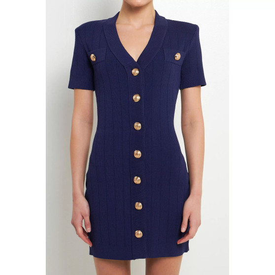 Women's Shank Button V-neckline Knit Mini Dress