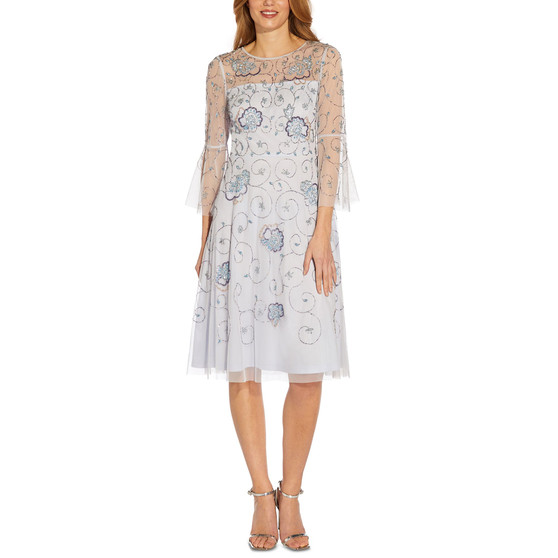 Petite Beaded Illusion Bell-Sleeve Dress