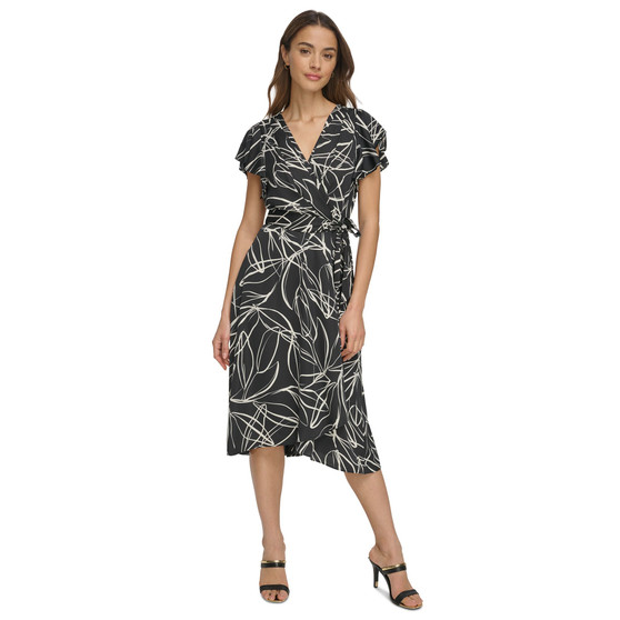 Women's Surplice V-Neck Flutter-Sleeve Midi Dress