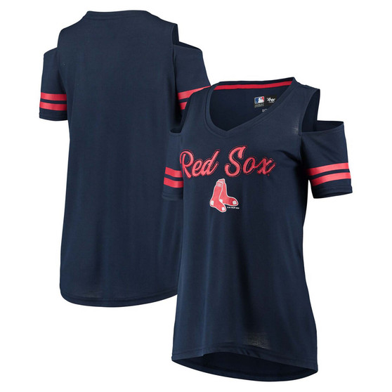 Women's Navy Boston Red Sox Extra Inning Cold Shoulder T-shirt