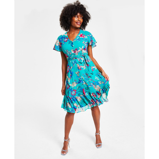 Women's Printed Flutter-Sleeve Fit & Flare Dress