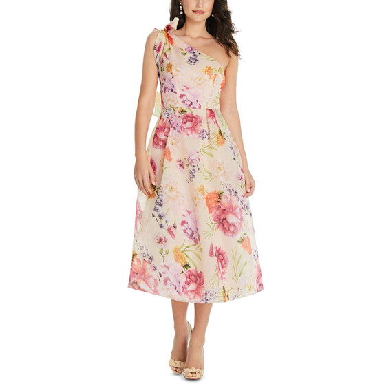 Women's Scarf-Tie One-Shoulder Floral Organdy Midi Dress