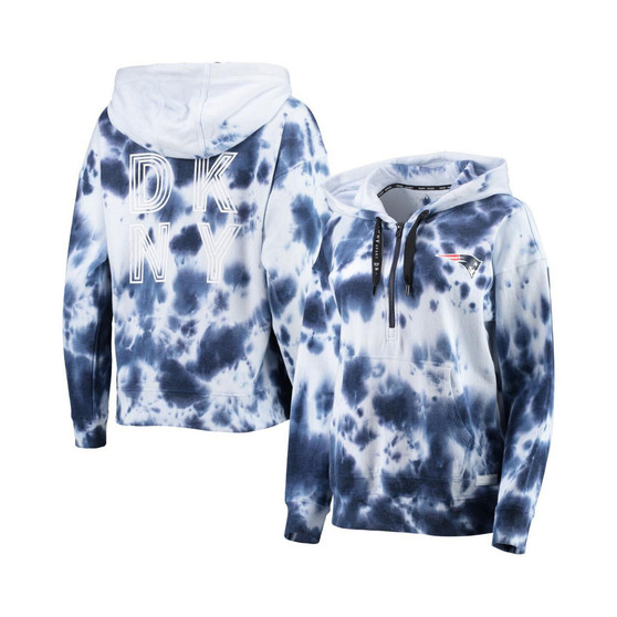 Women's White and Navy New England Patriots Dakota Oversized Tie-Dye Half-Zip Hoodie