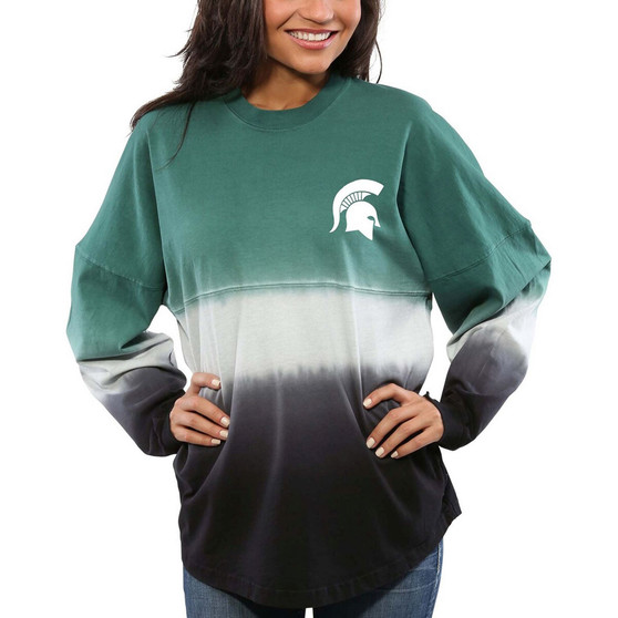 Women's Green Michigan State Spartans Ombre Long Sleeve Dip-Dyed T-shirt