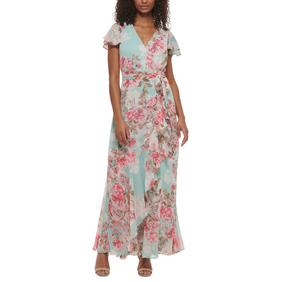 Women's Printed V-Neck Flutter-Sleeve Dress