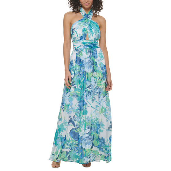 Women's Printed Halter-Neck A-Line Slit-Front Gown