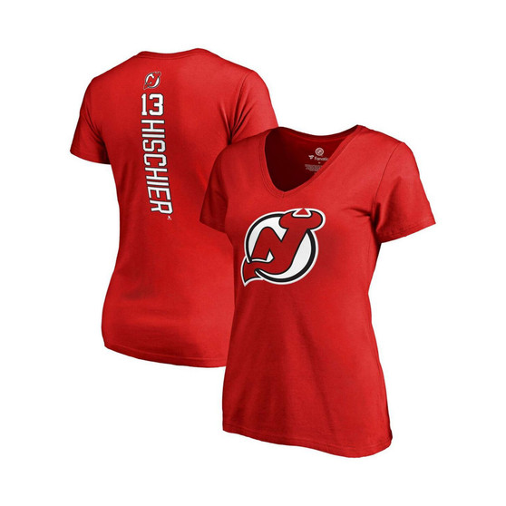 Women's Branded Nico Hischier Red New Jersey Devils Plus Size Backer Name and Number V-Neck T-shirt