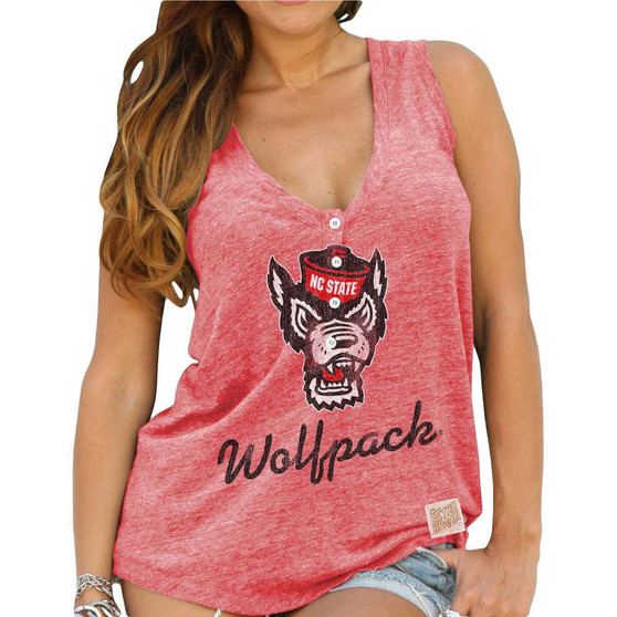 Women's Red NC State Wolfpack Relaxed Henley V-Neck Tri-Blend Tank Top