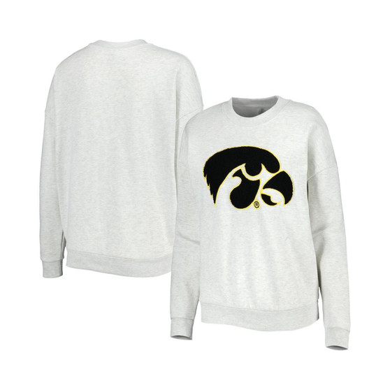 Women's Heather Ash Iowa Hawkeyes Chenille Patch Fleece Sweatshirt