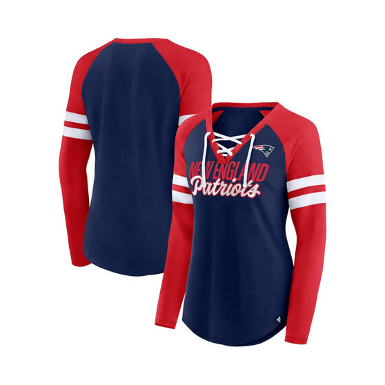 Women's Branded Navy, Red New England Patriots True to Form Raglan Lace-Up V-Neck Long Sleeve T-shirt