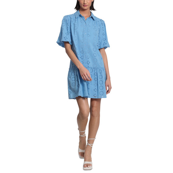 Women's Collared Button-Front Eyelet Dress