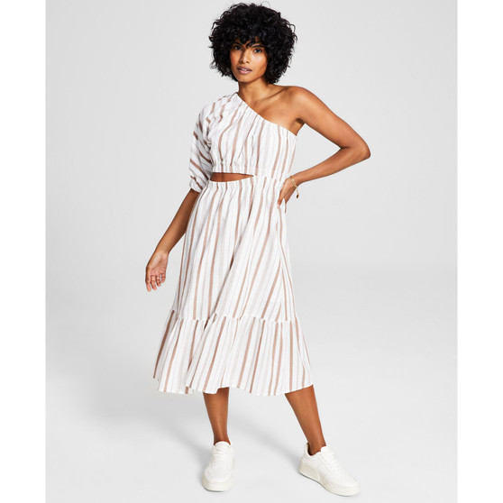 Women's Striped One-Shoulder Cutout Cotton Dress
